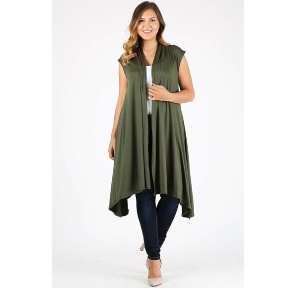 NEW PLUS SIZE SLEEVELESS SOLID LONG BODY CARDIGAN - Picture 1 of 2